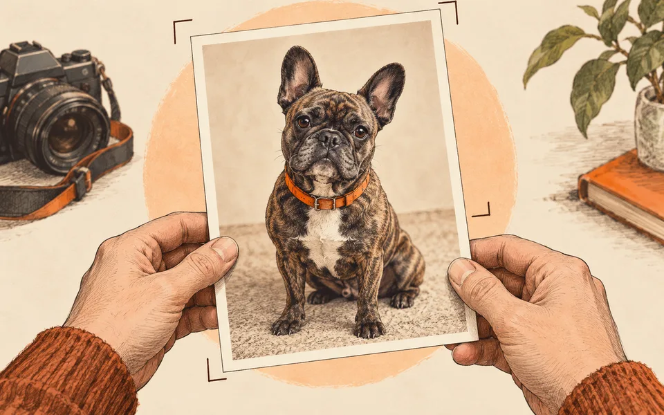 Illustration: hands hold a clear, front-facing photograph of a French bulldog.