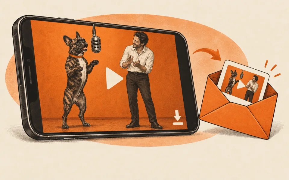 Illustration: a phone shows a dog and man standing in an orange booth, beside an envelope carrying a video card.