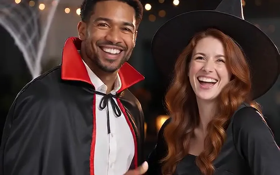 Frame from our demo: a couple in Halloween costumes (costume effect demo).