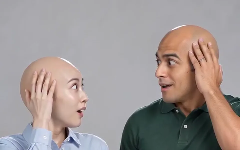 Frame from our demo: two people touching their bald heads (bald filter demo).