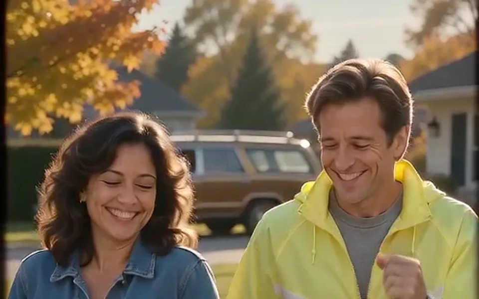 Frame from our demo: two people laughing on an autumn street (80s effect demo).