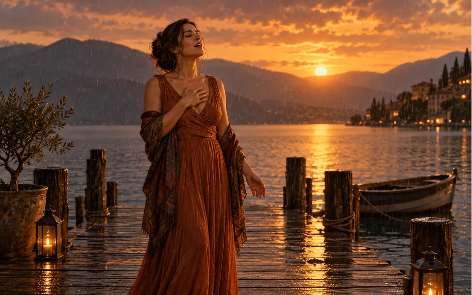 AI editorial illustration: An adult singing on a jetty in warm sunset rain.